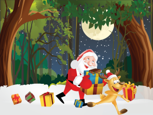 Cartoon christmas scene with Santa and Rudolph illustrating a page with kids christmas stories.
