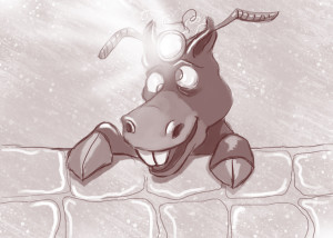 cartoon of a donkey with headlights - illustrating children's stories by Grace Jolliffe