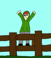 cartoon of a boy on a gate illustrating a story called Bonkers in Ballyyahoo