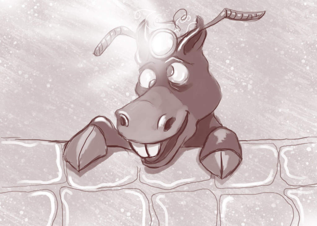 cartoon donkey with a light on its head illustrating a story from Ireland's Magical town of Ballyyahoo