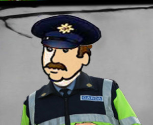 cartoon of Garda illustrating free funny short stories for kids from Ireland's magical town of Ballyyahoo