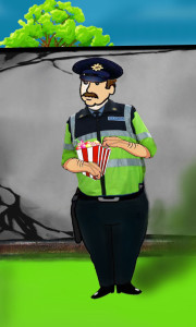 Cartoon of a policeman illustrating a children's story about kitten rescue