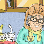 cartoon woman with cat on her head illustrating a page about children's stories from Ireland's Magical Ballyyahoo