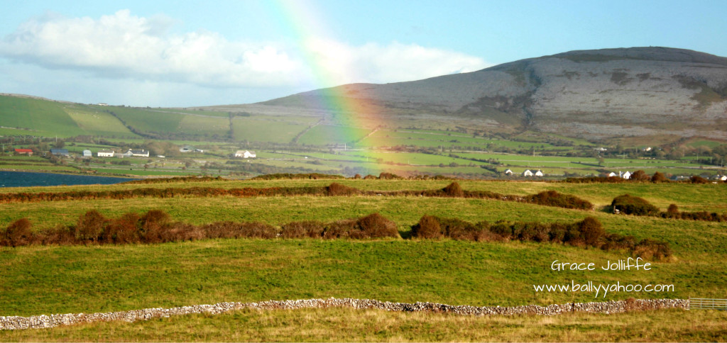 rainbow over the Burren illustrating a children's stories page
