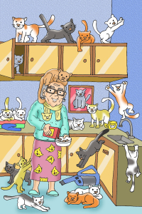 cartoon of woman with lots of cats illustrating a children's story about kitten rescue