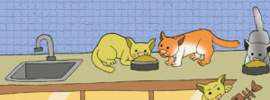 cartoon of cats eating - illustrating a children's story about kitten rescue