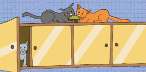 cartoon cats in kitchen cupboard - illustrating a children's story about kitten rescue