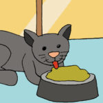 cartoon cat licking from a bowl illustrating a cat story called Maggie Many Cats and the Cat that flew in the Window by Grace Jolliffe