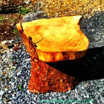 hand made wooden log seat illustrating a story from the magic town of Ballyyhaoo