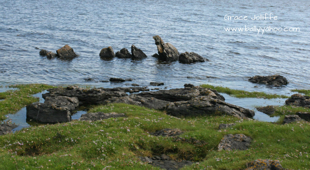 meadow and rocky shore illustrating a children's story about a rocky beach from Ireland's Ballyyahoo series.
