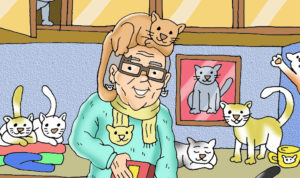 cartoon image of a woman with cats illustrating short stories for kids