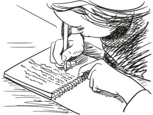Sketch of girl writing in notebook Hand drawn vector illustration - on an educational post about creative writing for children